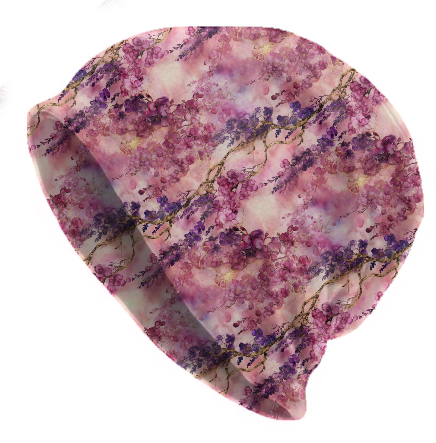 Pink Wisteria Blossom Slouchy Beanie – Thin Stretchy Lightweight Skull Cap for Men & Women in Soft Pink and Purple Cascading Florals