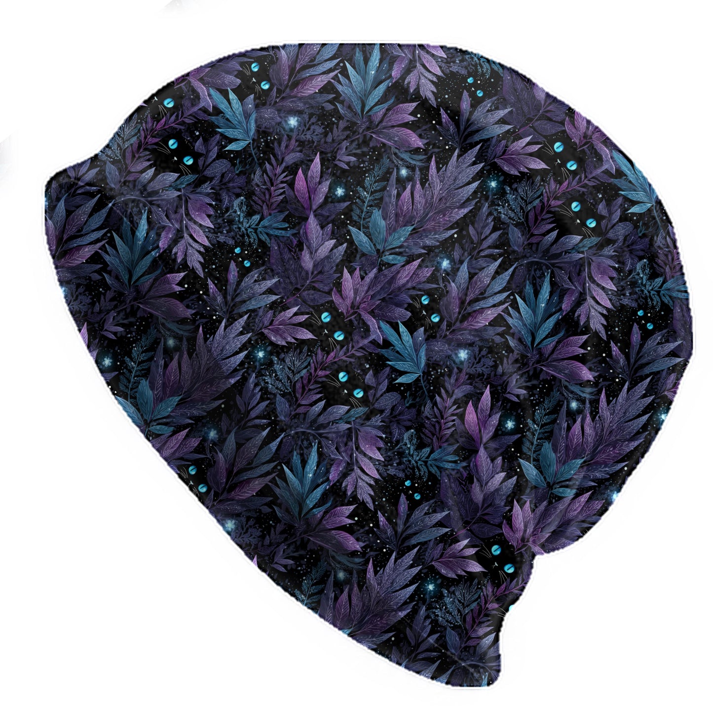 Midnight Cat Foliage Slouchy Beanie – Soft Lightweight Skull Cap, Thin Bonnet Hat for Men & Women, Dark Botanical Pattern with Blue Eyes