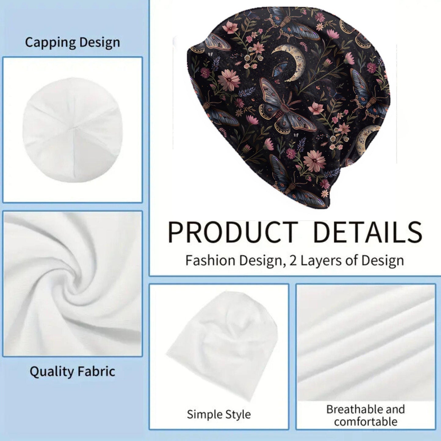 Slouchy Moth Moon Garden Bonnet Skull Cap Beanie – Soft Double-Layer Thin Hat for Men and Women – Floral Night Sky Aesthetic Gift, Skully