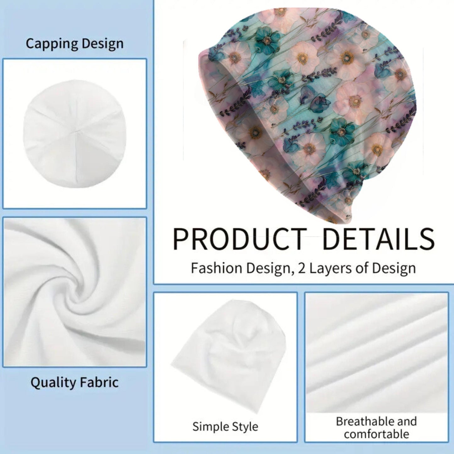 Soft Pastel Floral Beanie – Thin Watercolor Slouchy Hat with Blue & Blush Flower Print – Made to Order Women’s Hat Men’s Beanie