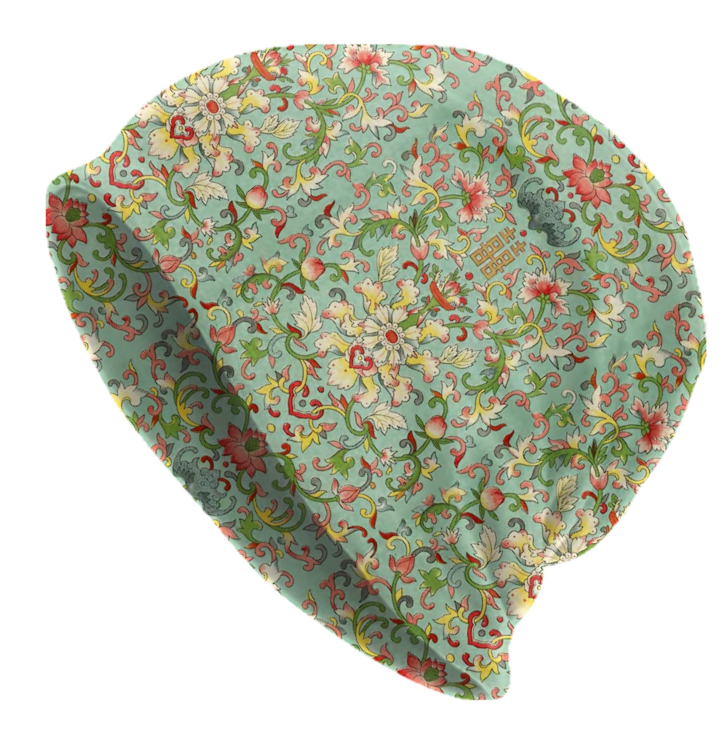 Jade Floral Art Beanie – Vintage Asian Scroll Pattern Hat, Soft Lightweight Unisex Cap, Botanical Print