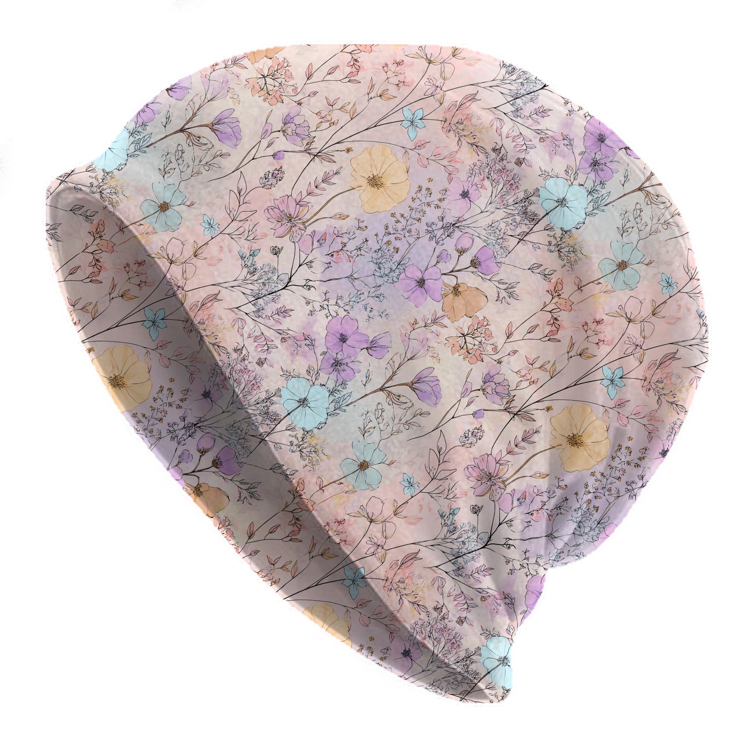 Pastel Meadow Slouchy Beanie – Thin Stretchy Lightweight Skull Cap for Men and Women in Soft Watercolor Wildflowers