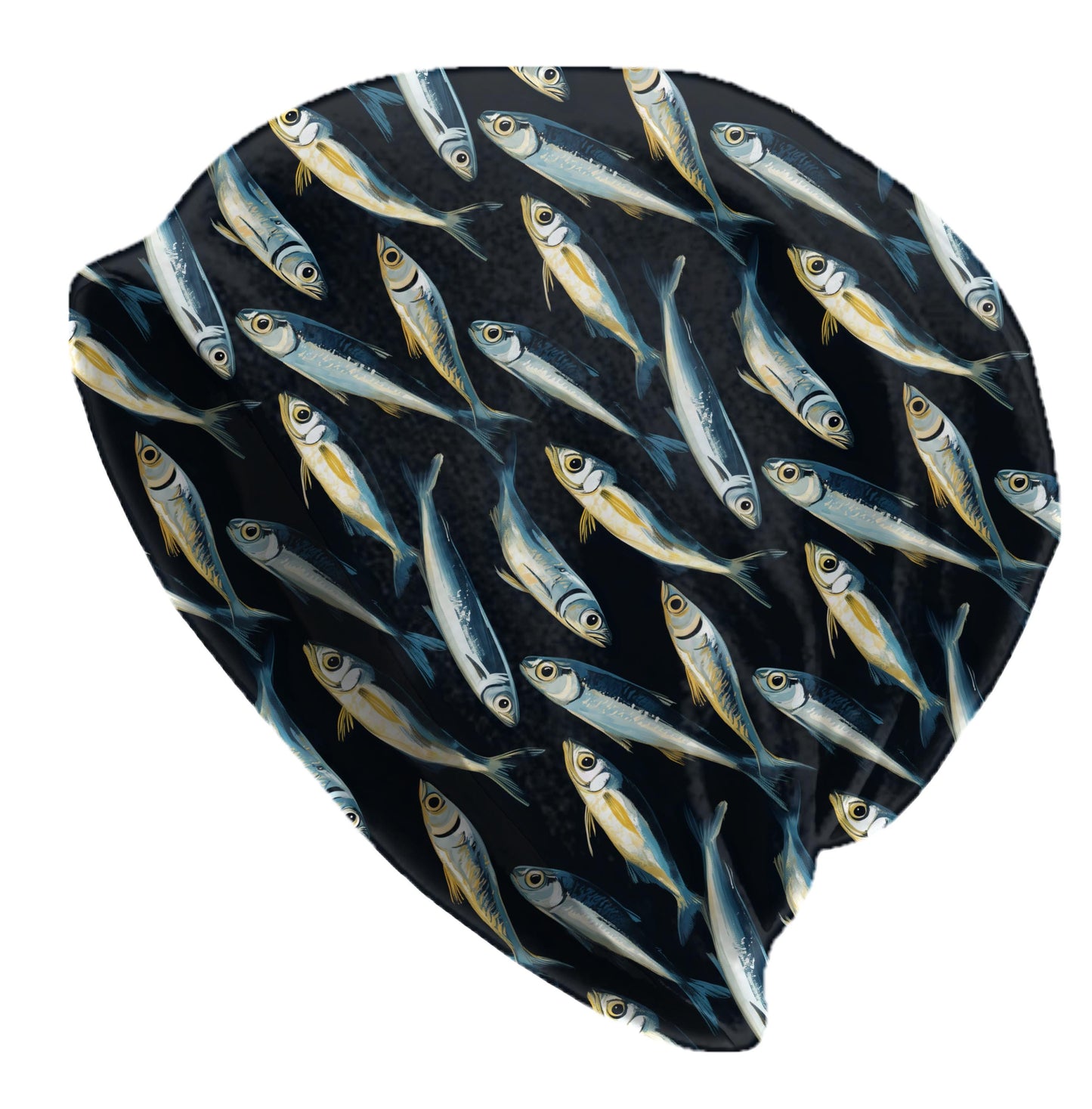 Dark Nautical Sardine Fish Beanie – Lightweight Soft Skull Cap, Coastal Fisherman Hat, Sailor Style Beanie, Ocean Art Beanie for Men & Women