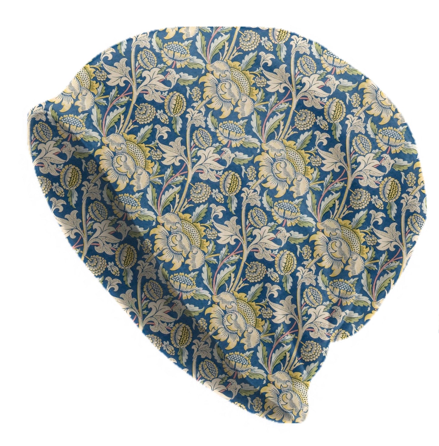 William Morris Blue Chrysanthemum Sunflower Beanie – Vintage Gold Floral Botanical Slouchy Hat – Thin Women’s Hat & Men’s Beanie
