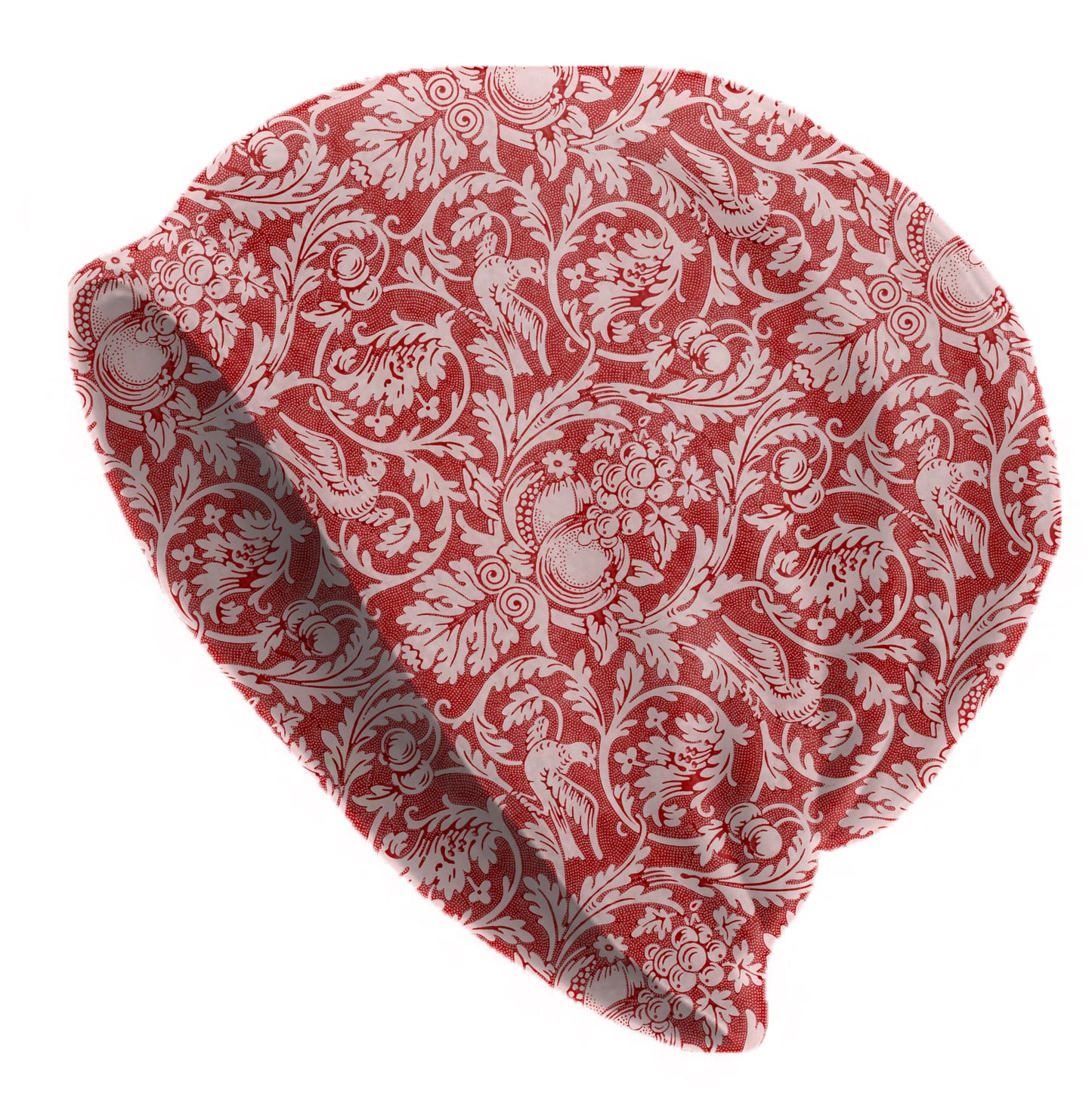 Queen Anne William Morris Beanie – Vintage Red Floral & Bird Slouch Hat, Soft Stretch Cap, Heritage Pattern, Women’s Hat, Men’s Beanie