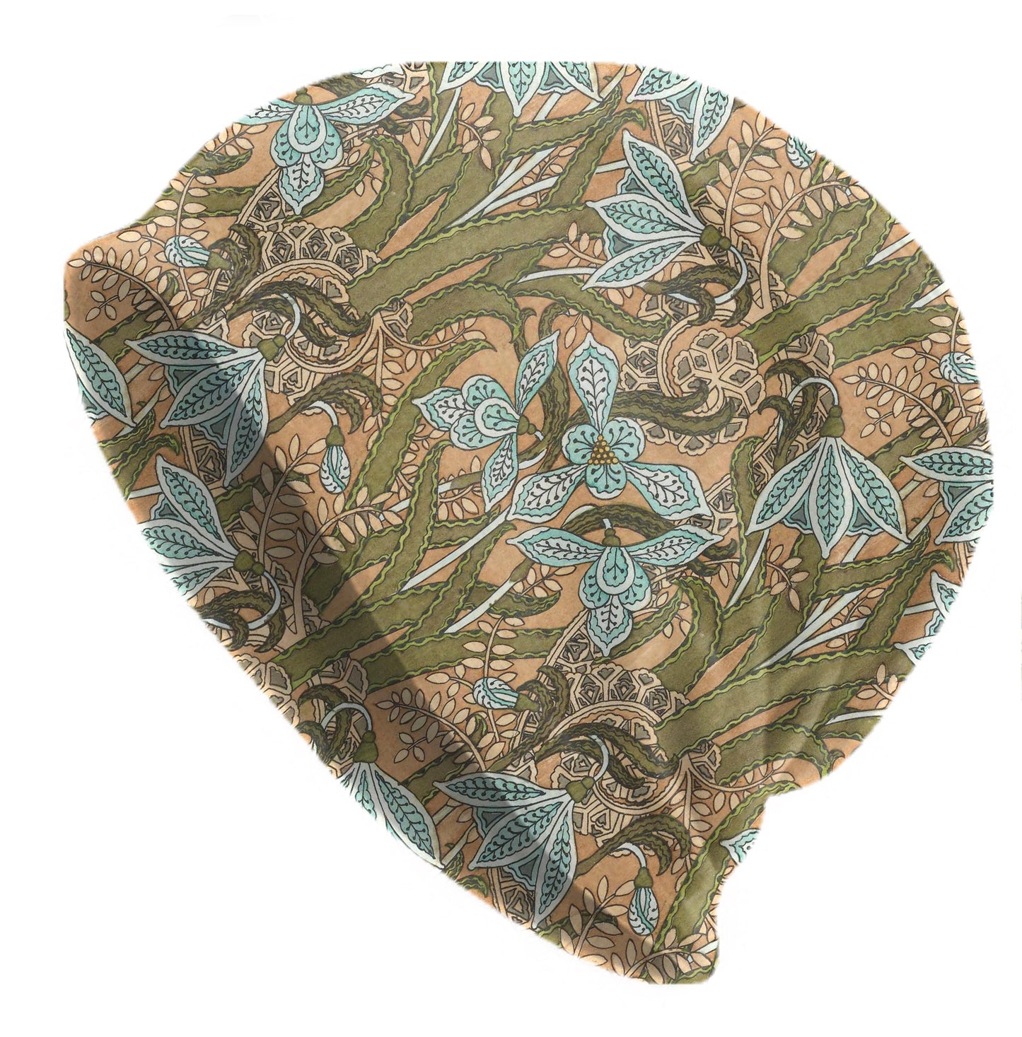 Maurice Pillard Snowdrop Beanie – Art Nouveau Floral Hat in Sage & Teal, Vintage Botanical Cap, Lightweight Soft, Bonnet for Men, Women