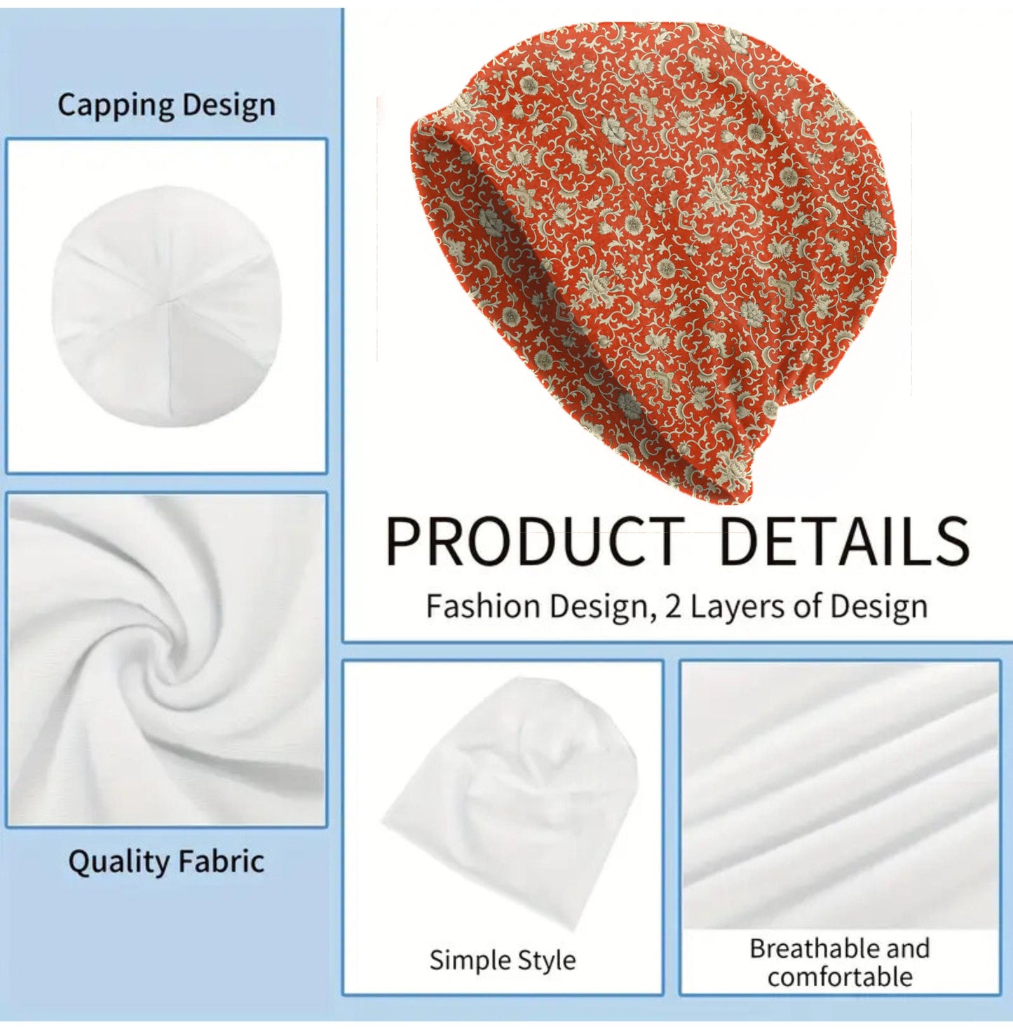 Vintage Red Scroll Floral Slouchy Beanie – Ornate Baroque Botanical Print Hat, Soft Lightweight Skull Cap, Retro Arts & Crafts Style Unisex