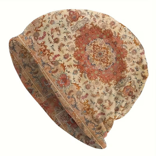 Cream Persian Rug Floral Slouchy Beanie – Boho Men’s Beanie, Vintage Oriental Carpet Pattern Skull Cap, Soft Stretch Hat for Men & Women