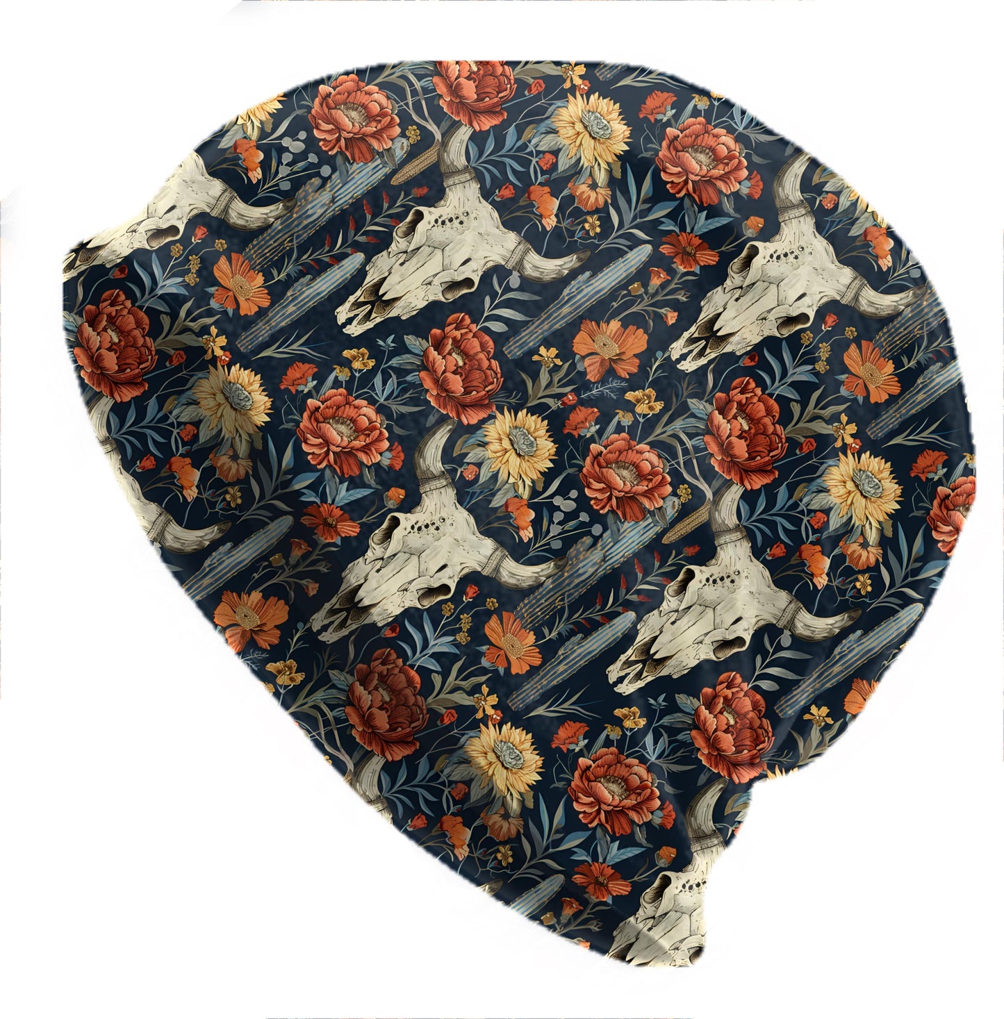 Western Floral Skull Beanie – Thin Soft Slouchy Hat for Men, Womens beanie – Boho Cow Skull & Desert Bloom Print, Beanie For Men