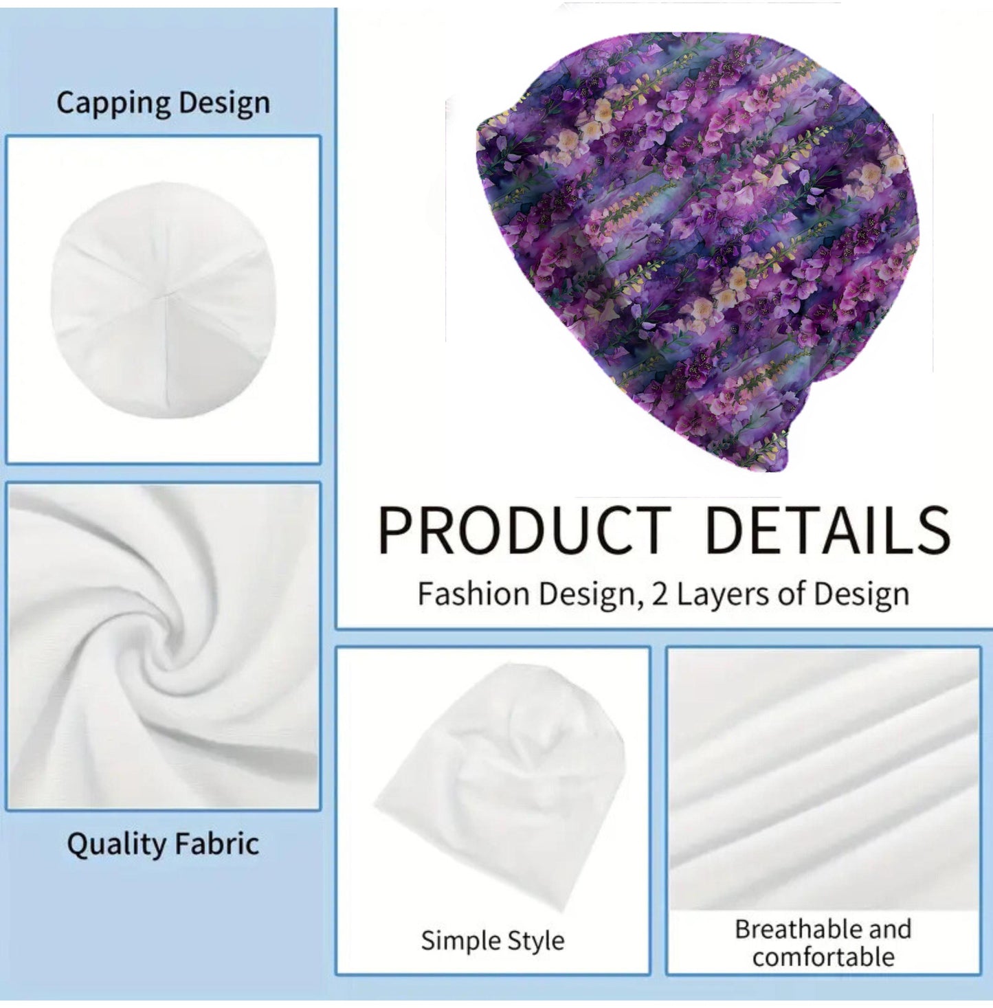 Lilac Rose Foxgloves Slouchy Beanie – Thin Stretchy Unisex Skull Cap for Men & Women, Purple Botanical Bonnet, Soft Lightweight Floral Hat