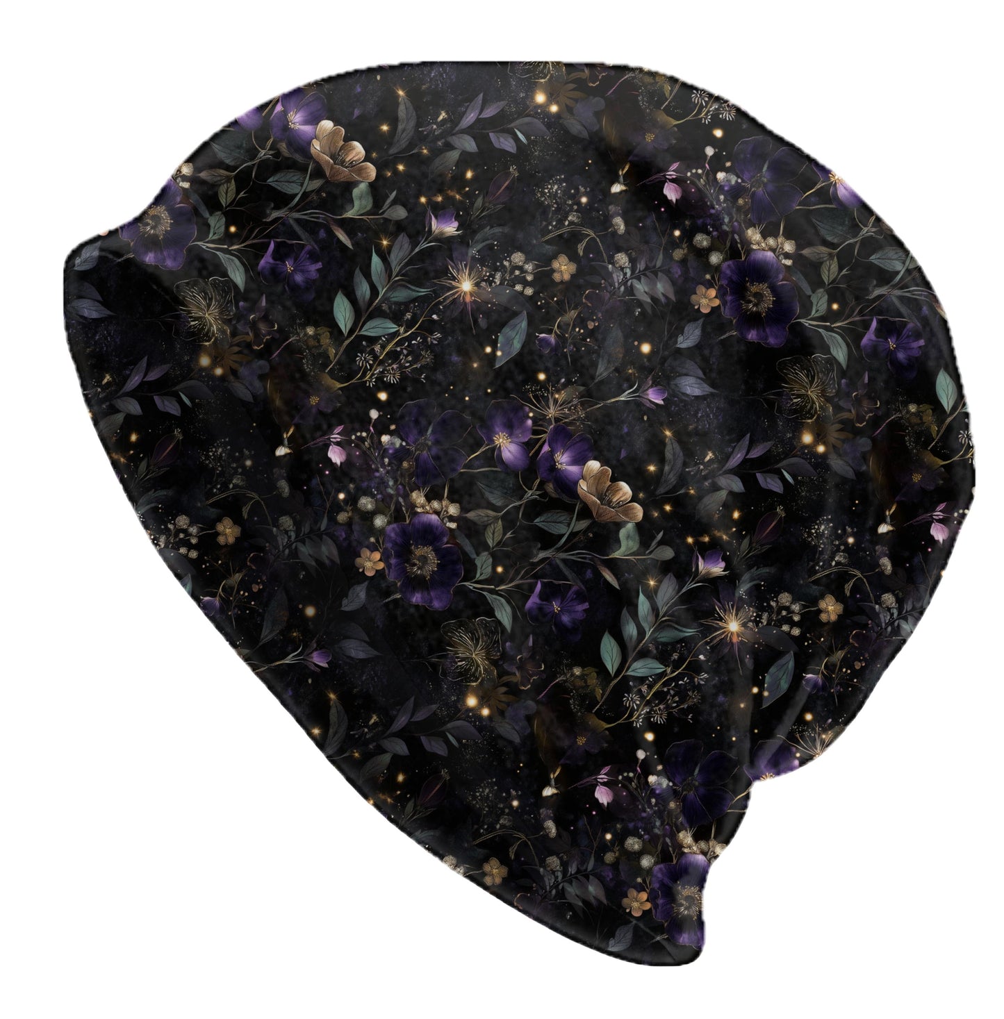 Dark Enchanted Slouchy Beanie – Midnight Floral Bonnet, Soft Thin Stretchy Skull Cap for Men & Women, Mystical Botanical Print Hat