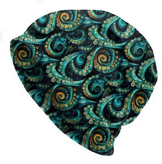 Teal Tentacle Slouchy Beanie – Thin Stretchy Lightweight Skull Cap for Men and Women in Ocean Swirl Pattern