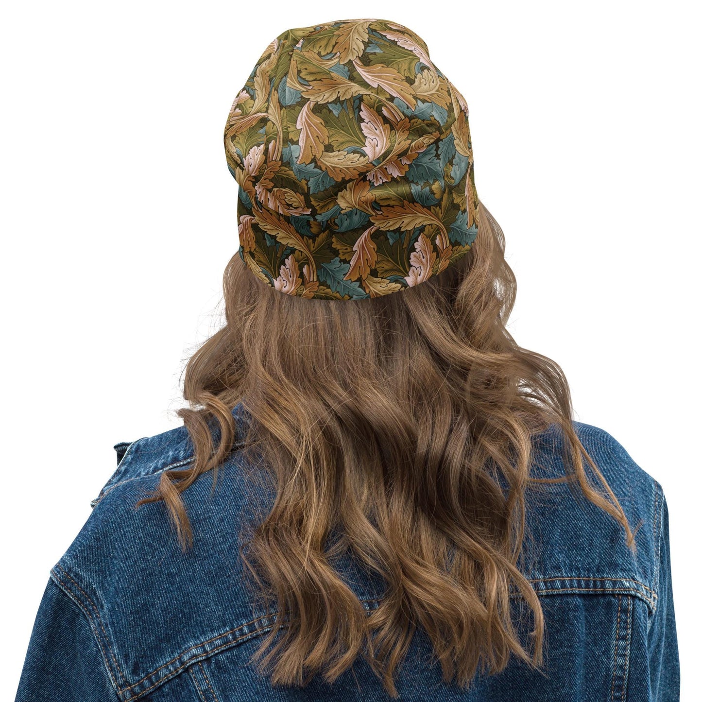 William Morris Acanthus Beanie – Vintage Botanical Leaf Print Slouchy Hat in Sage Blue & Gold – Thin Soft Custom Women’s Hat, Men’s Beanie