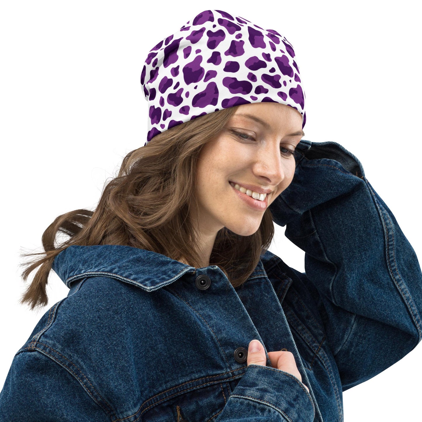 Purple Cow Print Slouchy Beanie – Soft Lightweight Skull Cap, Thin Bonnet Hat for Men & Women, Retro Funky Spot Pattern