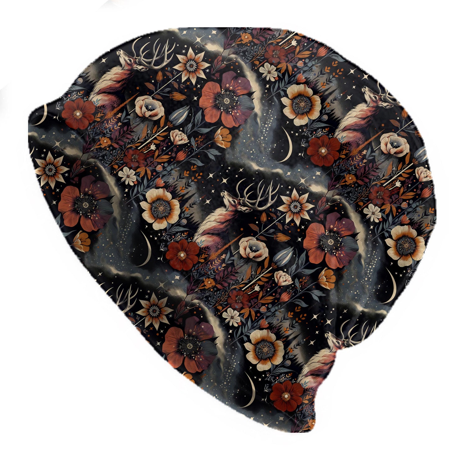 Night Stag Slouchy Beanie – Thin Stretchy Lightweight Skull Cap for Men and Women in Mystical Forest Art