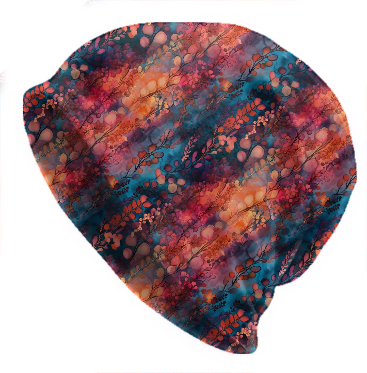 Luminous Ferns Slouchy Beanie – Thin Stretchy Unisex Skull Cap for Men & Women, Soft Lightweight Botanical Bonnet in Teal and Sunset Tones