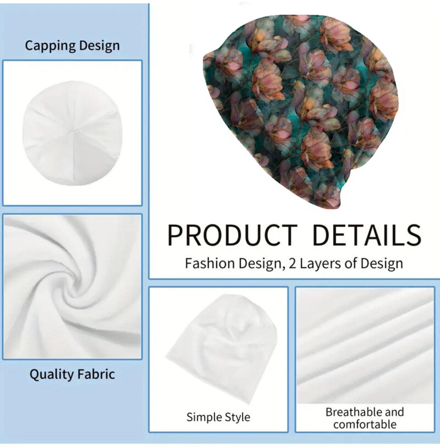 Rose Gold Tulip Slouchy Beanie – Thin Stretchy Lightweight Skull Cap for Men & Women in Teal and Blush Petals