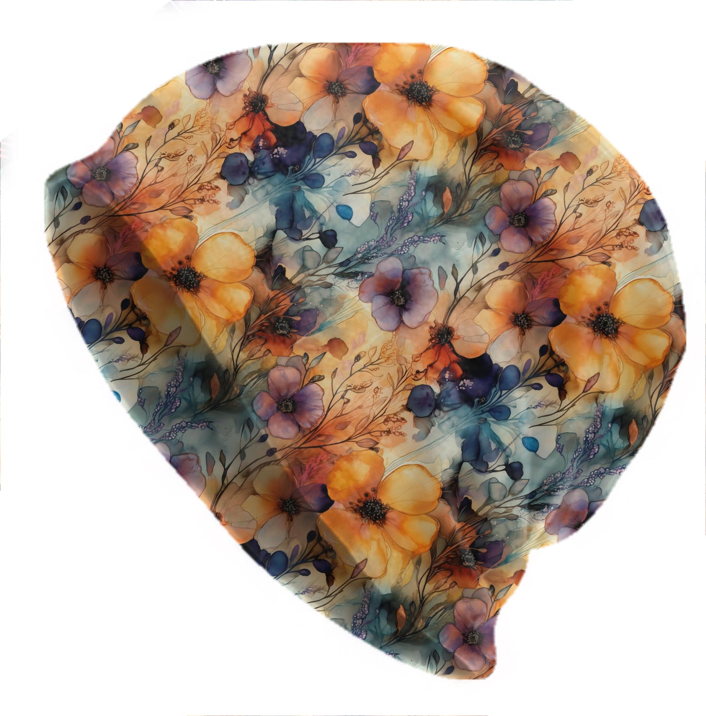 Lush Floral Garden Slouchy Beanie – Thin Stretchy Unisex Skull Cap for Men & Women, Soft Lightweight Botanical Bonnet, Orange Blue Flowers