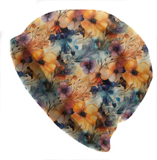 Lush Floral Garden Slouchy Beanie – Thin Stretchy Unisex Skull Cap for Men & Women, Soft Lightweight Botanical Bonnet, Orange Blue Flowers
