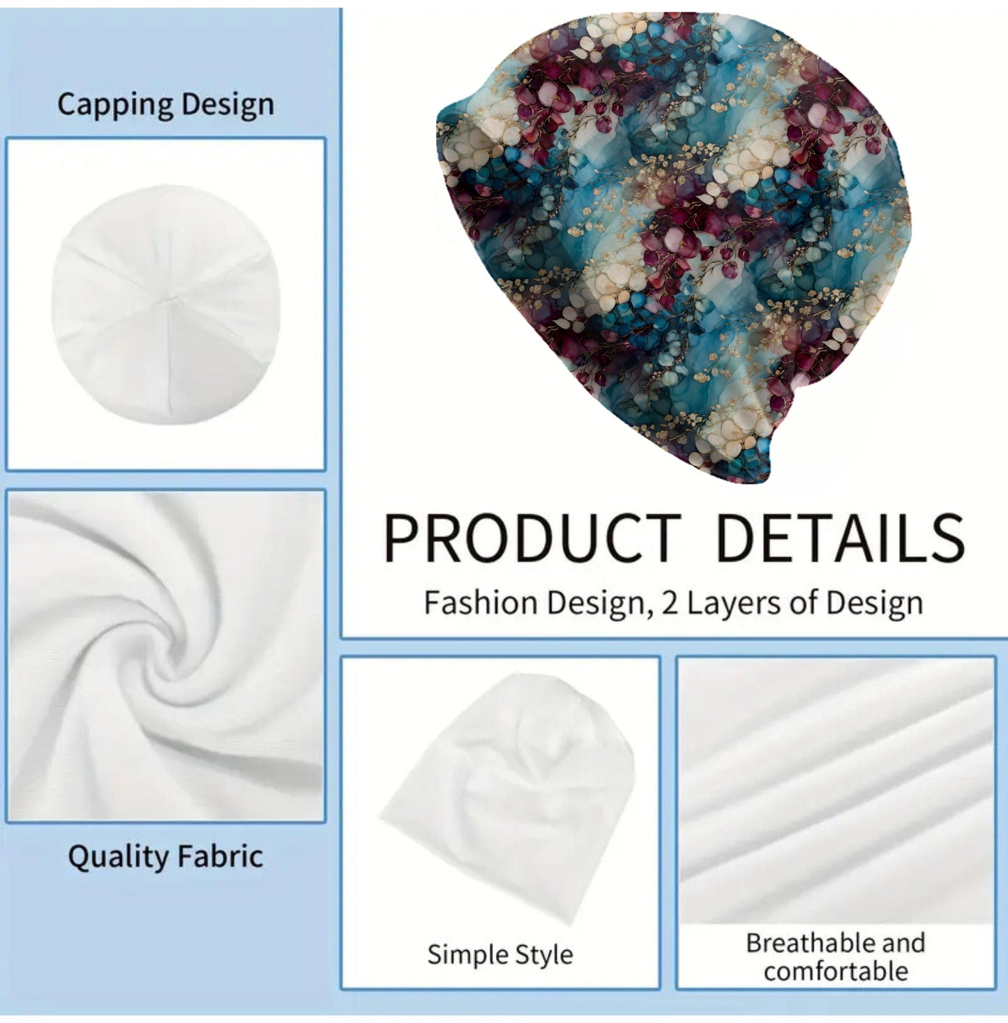 Cobalt Wisteria Slouchy Beanie – Teal Plum Floral Bonnet, Soft Thin Stretchy Skull Cap for Men & Women, Watercolor Botanical Print