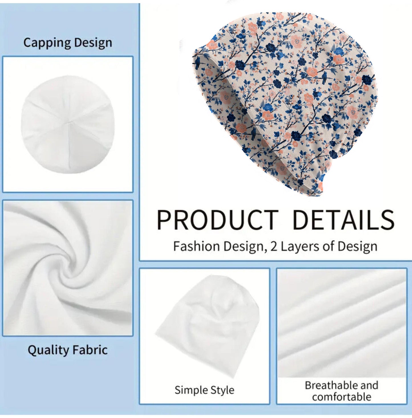 Indigo Blossom Slouchy Beanie – Thin Stretchy Lightweight Skull Cap for Men and Women in Navy and Peach Japanese Floral