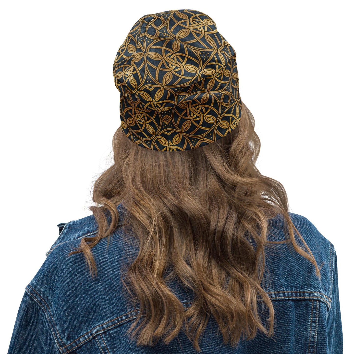Celtic Knotwork Slouchy Beanie – Thin Stretchy Lightweight Skull Cap for Men and Women in Navy Blue and Gold