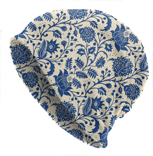 Indigo Bloom Heritage Slouchy Beanie – Vintage Blue Block Print Skull Cap, Cottagecore Boho Beanie for Men & Women, Mens Beanies, Womens Cap