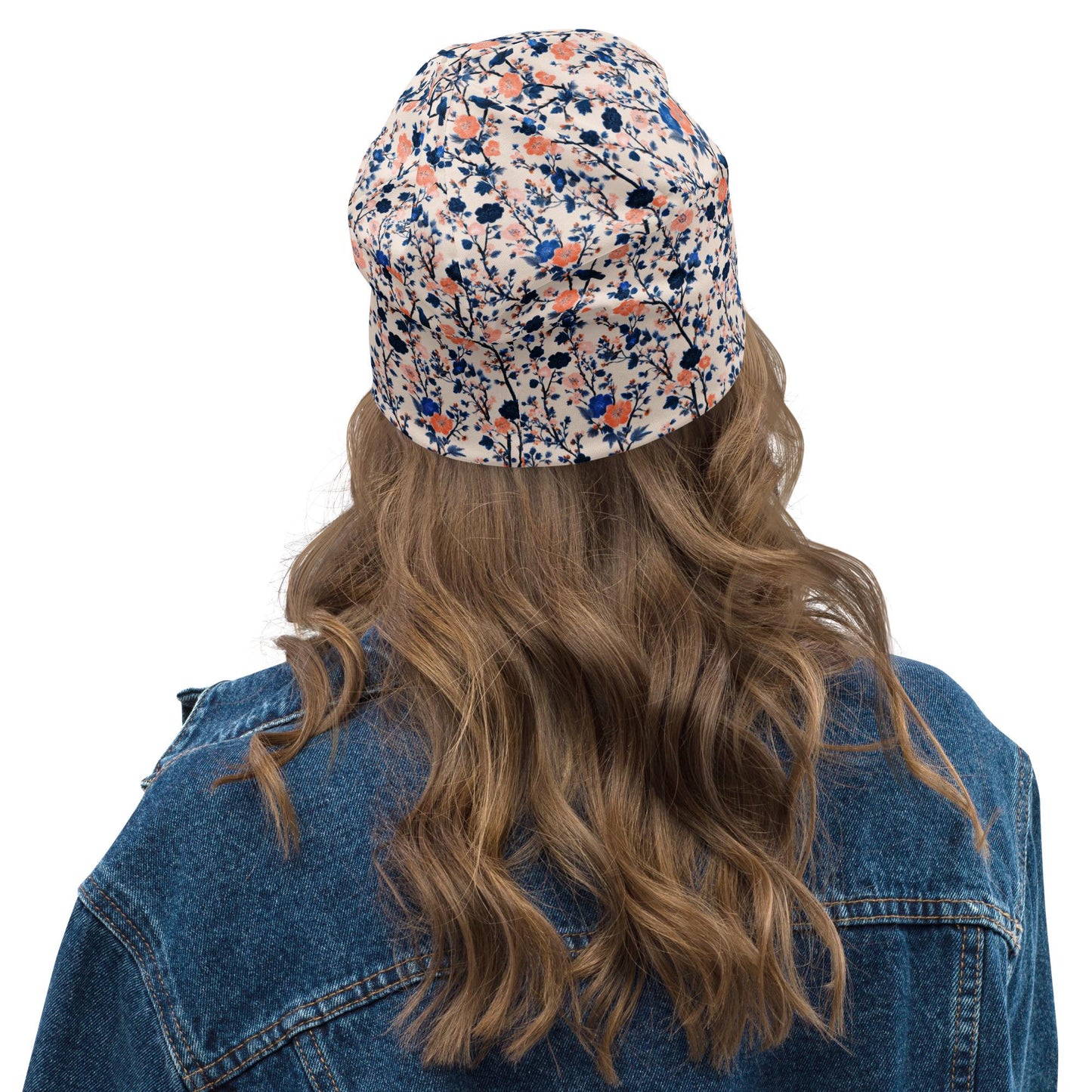 Indigo Blossom Slouchy Beanie – Thin Stretchy Lightweight Skull Cap for Men and Women in Navy and Peach Japanese Floral