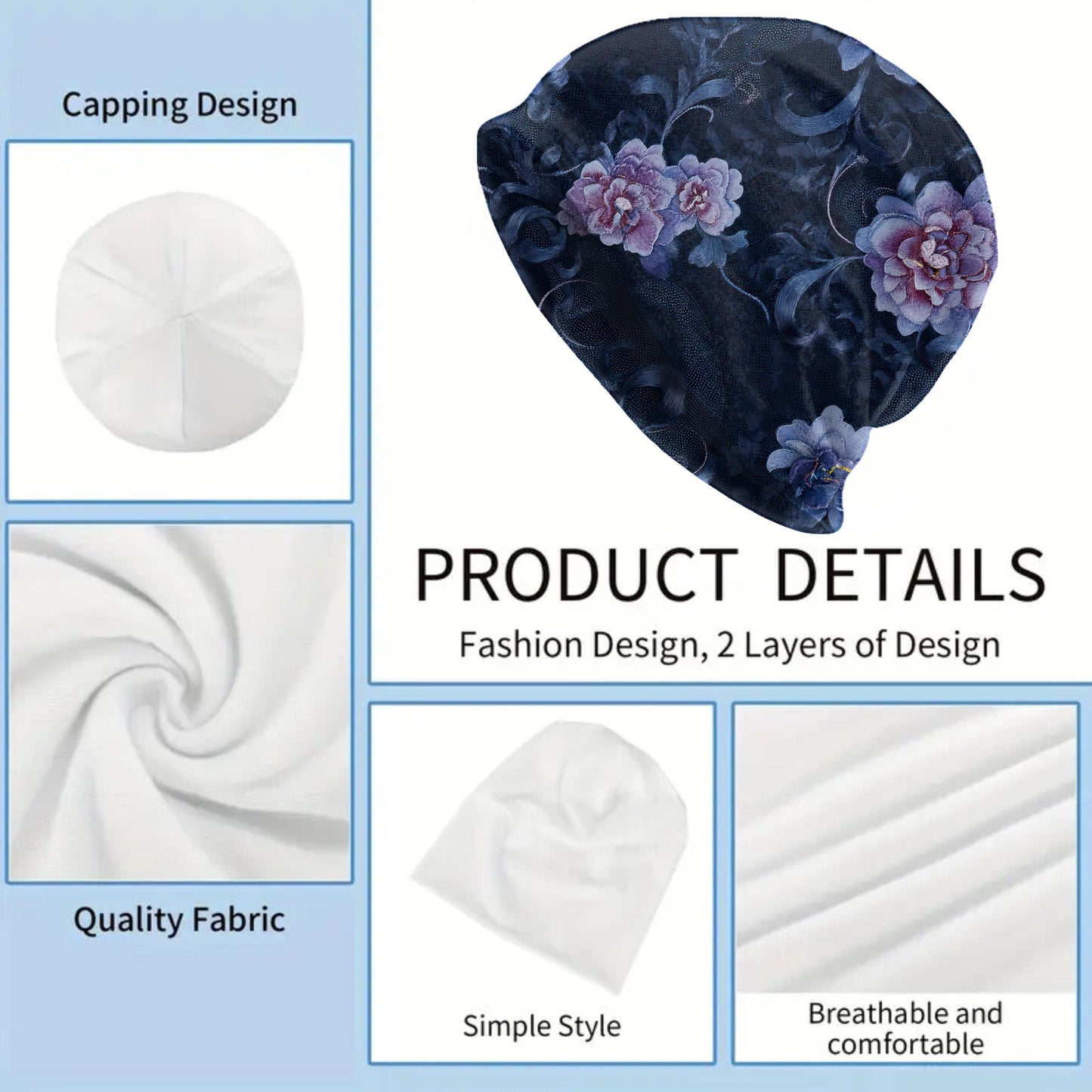 Midnight Peony Slouchy Beanie – Dark Romantic Floral Skull Cap, Hand-Painted Look Boho Vintage Beanie for Men and Women, Thin Beanie