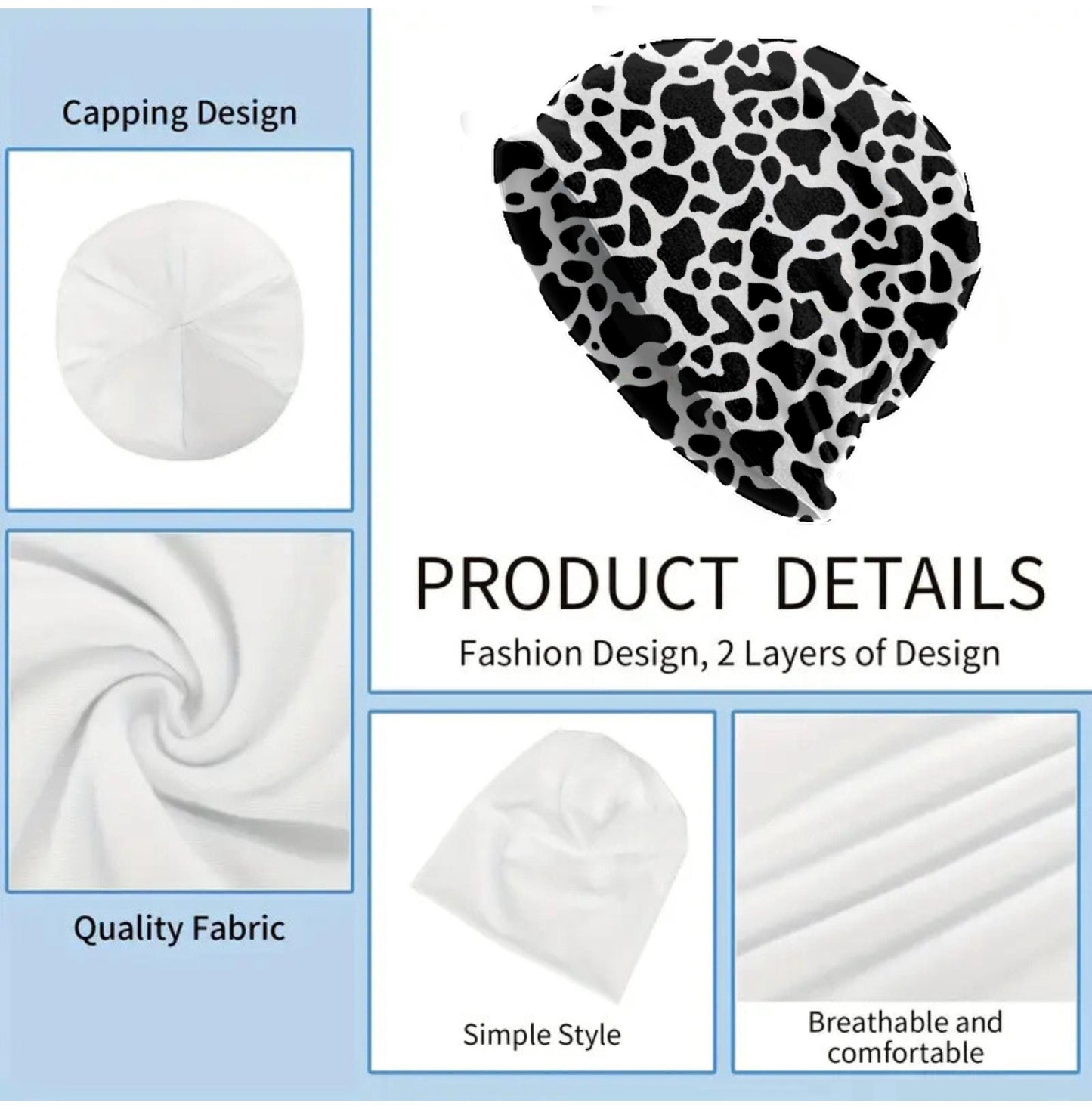 Cow Print Slouchy Beanie – Soft Lightweight Skull Cap, Thin Bonnet Hat for Men & Women, Black and White Animal Pattern