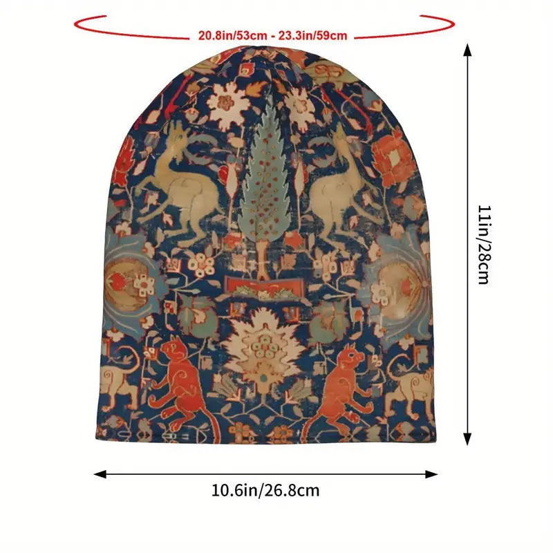 17th Century Persian Animal Pattern | Boho Style Skullies & Beanies for Men and Women | Lightweight Bohemian Knit Cap