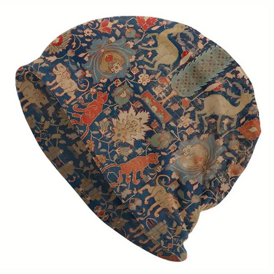 17th Century Persian Animal Pattern | Boho Style Skullies & Beanies for Men and Women | Lightweight Bohemian Knit Cap