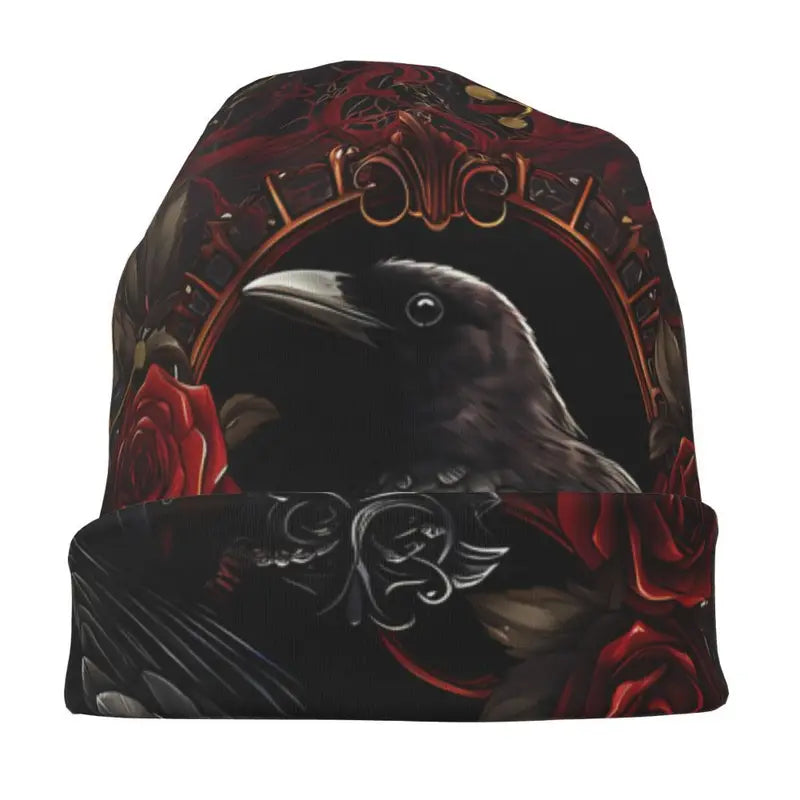 Raven and Roses Beanie Cap | Fashionable Knit Hat | No-Brim Sports Cap for Men and Women