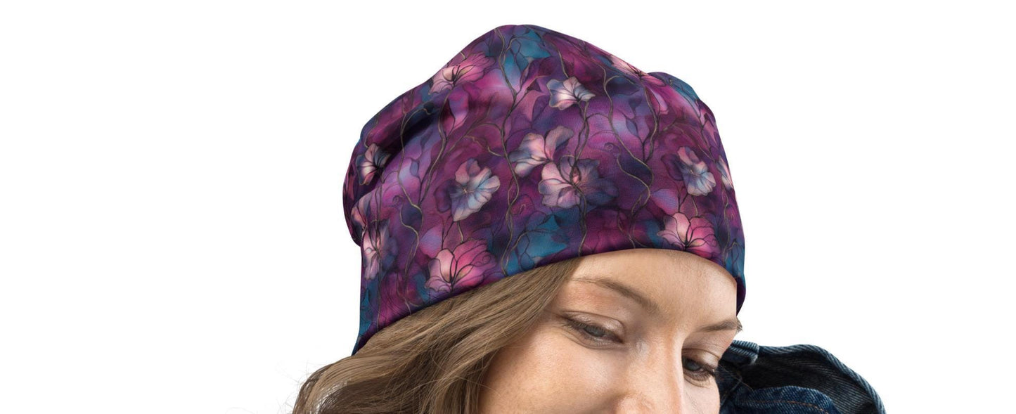 Cascading Plum Flowers Slouchy Beanie – Deep Floral Bonnet, Soft Thin Stretchy Skull Cap for Men & Women, Watercolor Botanical Print