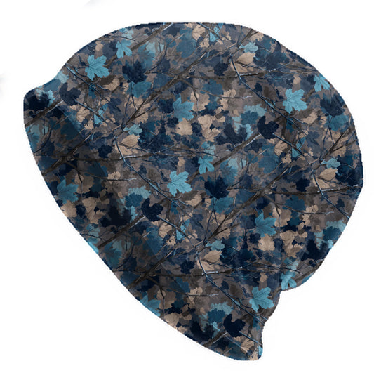 Blue Woodland Camo Leaf Slouchy Beanie – Soft Lightweight Skull Cap, Thin Bonnet Hat for Men & Women, Outdoor Forest Pattern