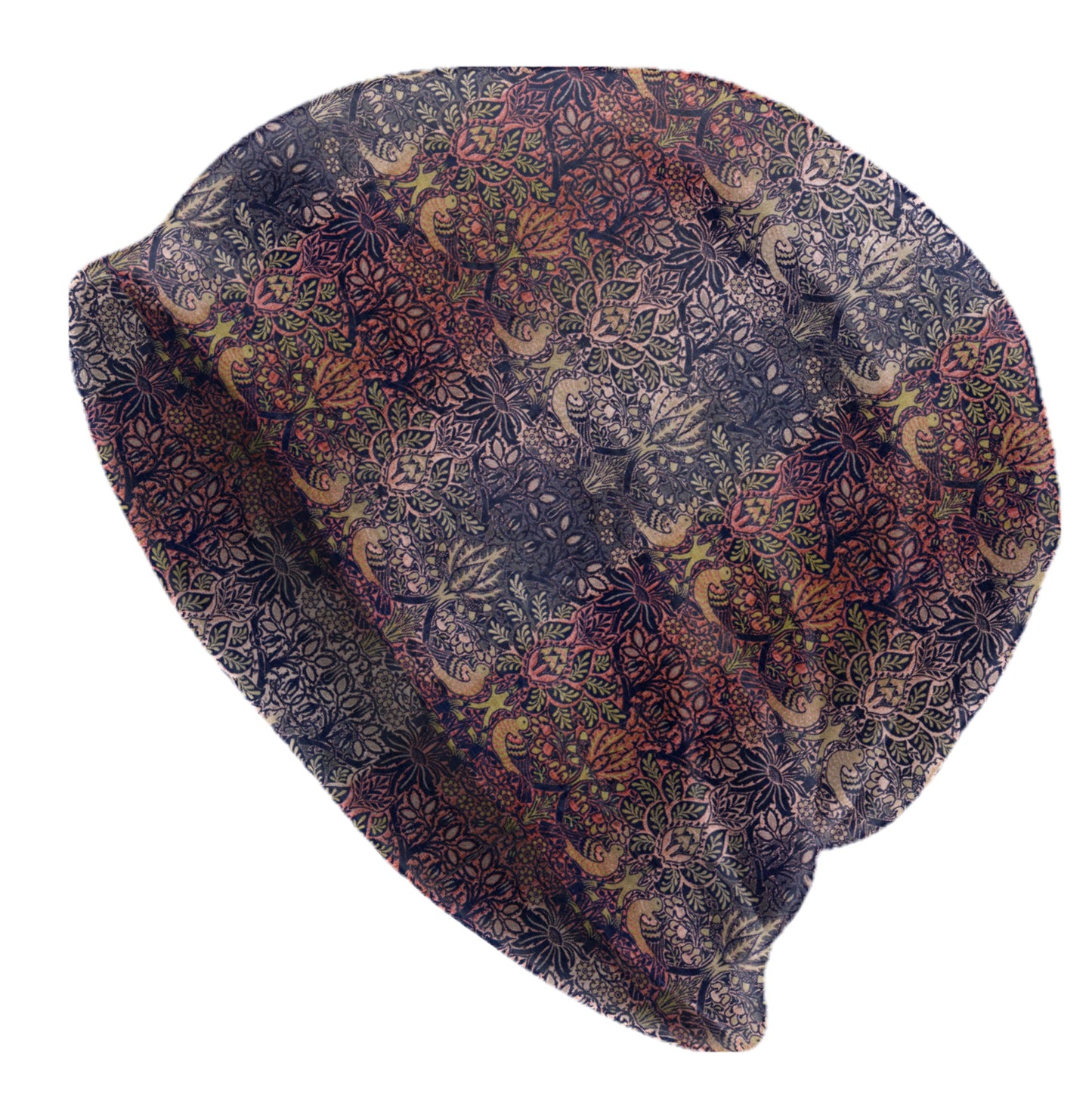 Faded Tapestry Slouchy Beanie – Roses and Doves, Vintage Botanical Bonnet, Soft Thin Stretchy Skull Cap for Men & Women, Heritage Floral
