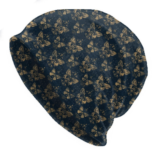 Gothic Moth Slouchy Beanie – Thin Stretchy Lightweight Skull Cap for Men and Women in Antique Gold and Dark Blue
