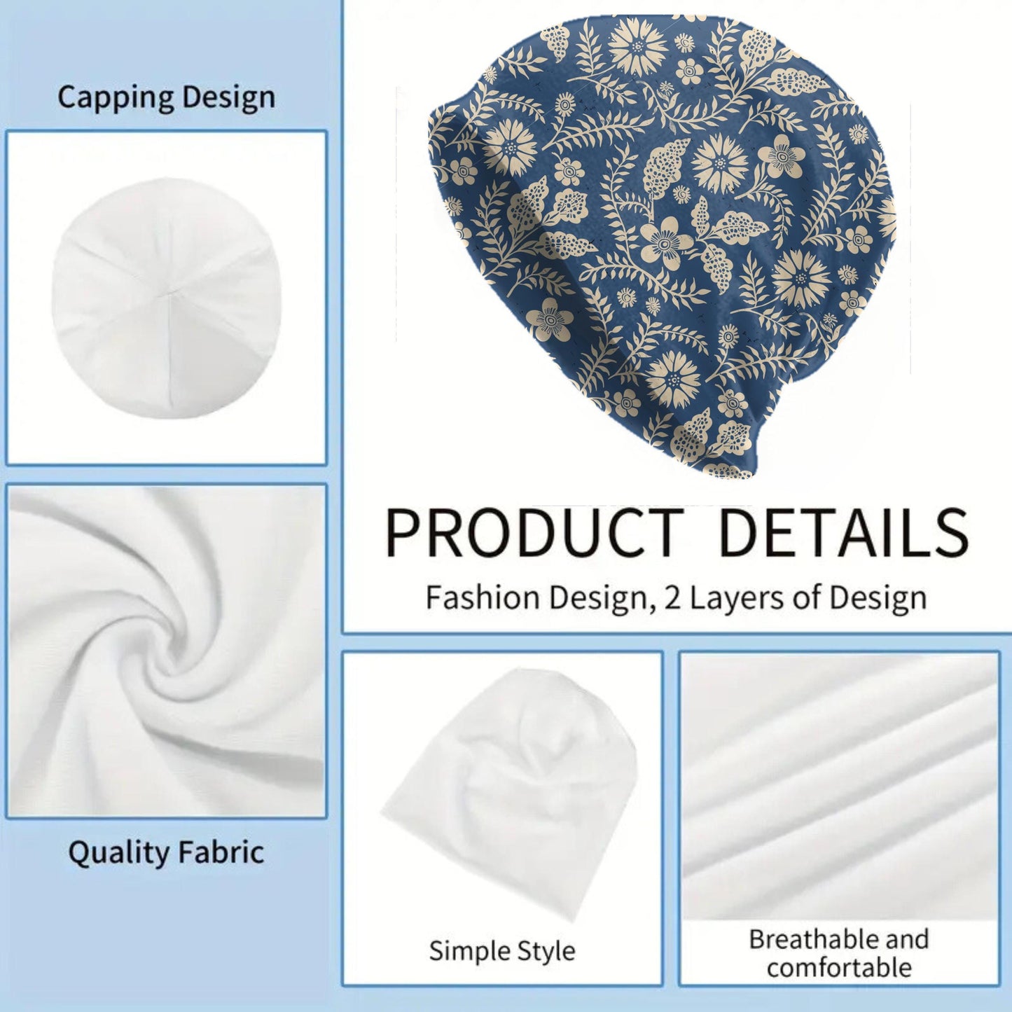 Navy Cream Folk Art Floral Slouchy Beanie – Vintage Botanical Skull Cap, Block Print Boho Hat for Men & Women