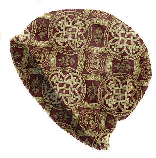 Regal Celtic Knot Slouchy Beanie – Soft Lightweight Stretch Skull Cap for Men and Women in Gold and Deep Red Pattern
