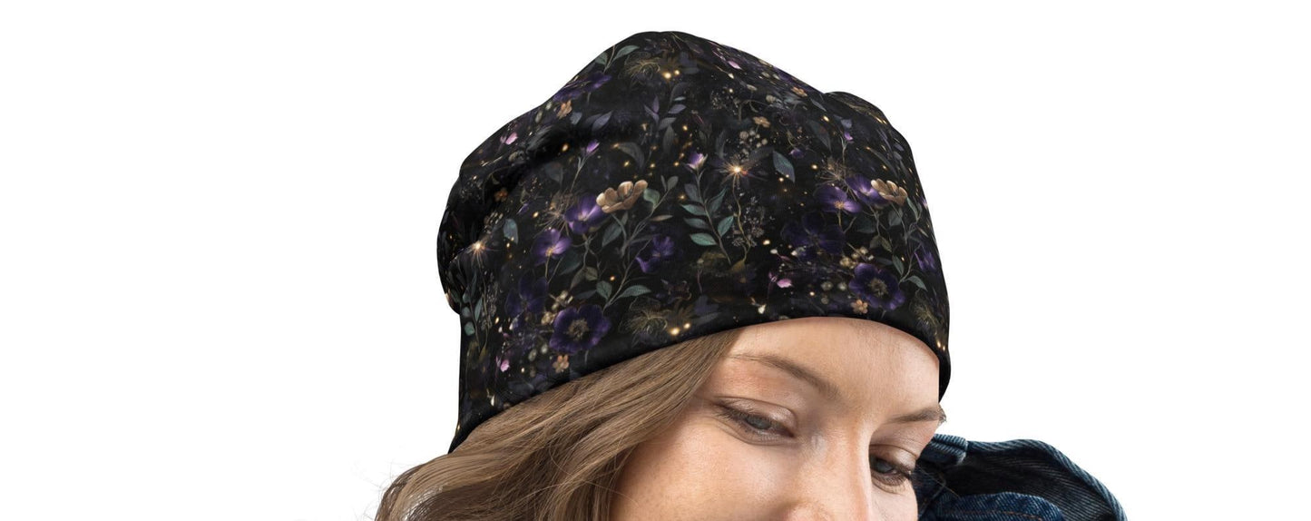 Dark Enchanted Slouchy Beanie – Midnight Floral Bonnet, Soft Thin Stretchy Skull Cap for Men & Women, Mystical Botanical Print Hat