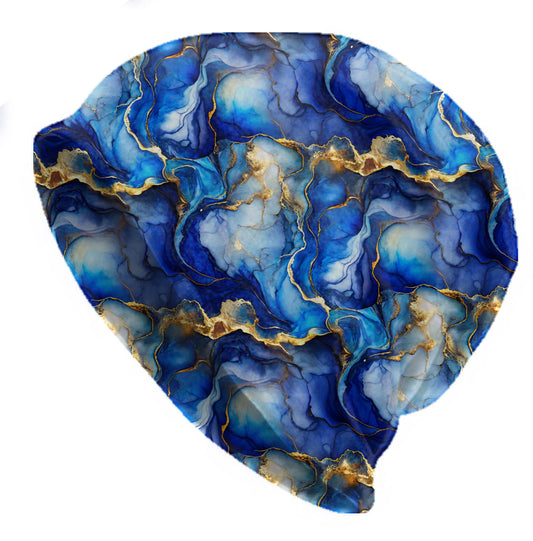 Oceanfire Indigo Slouchy Beanie – Thin Stretchy Lightweight Skull Cap for Men and Women in Deep Blue Marble Waves