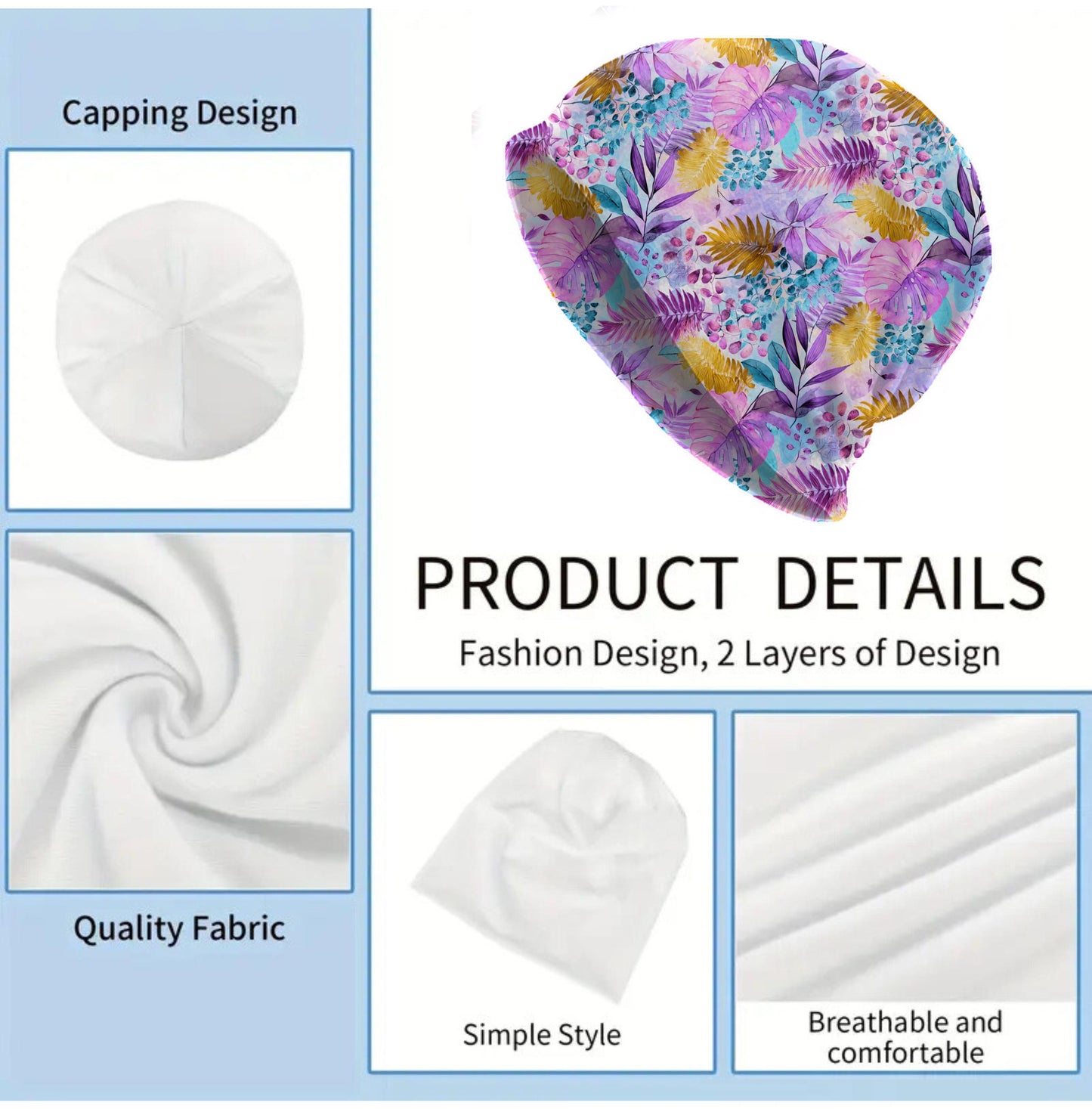 Tropical Watercolor Leaves Slouchy Beanie – Thin Stretchy Lightweight Skull Cap for Men and Women in Pink, Gold & Teal Jungle Foliage