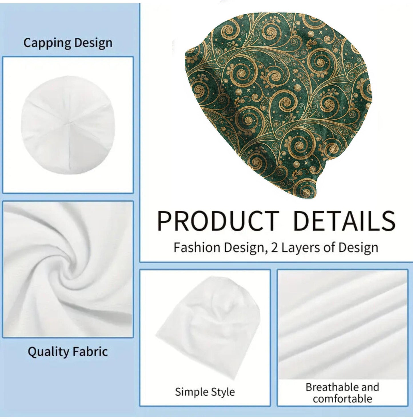 Emerald Celtic Swirl Slouchy Beanie – Thin Stretchy Lightweight Skull Cap for Men and Women in Gold Spiral Knotwork