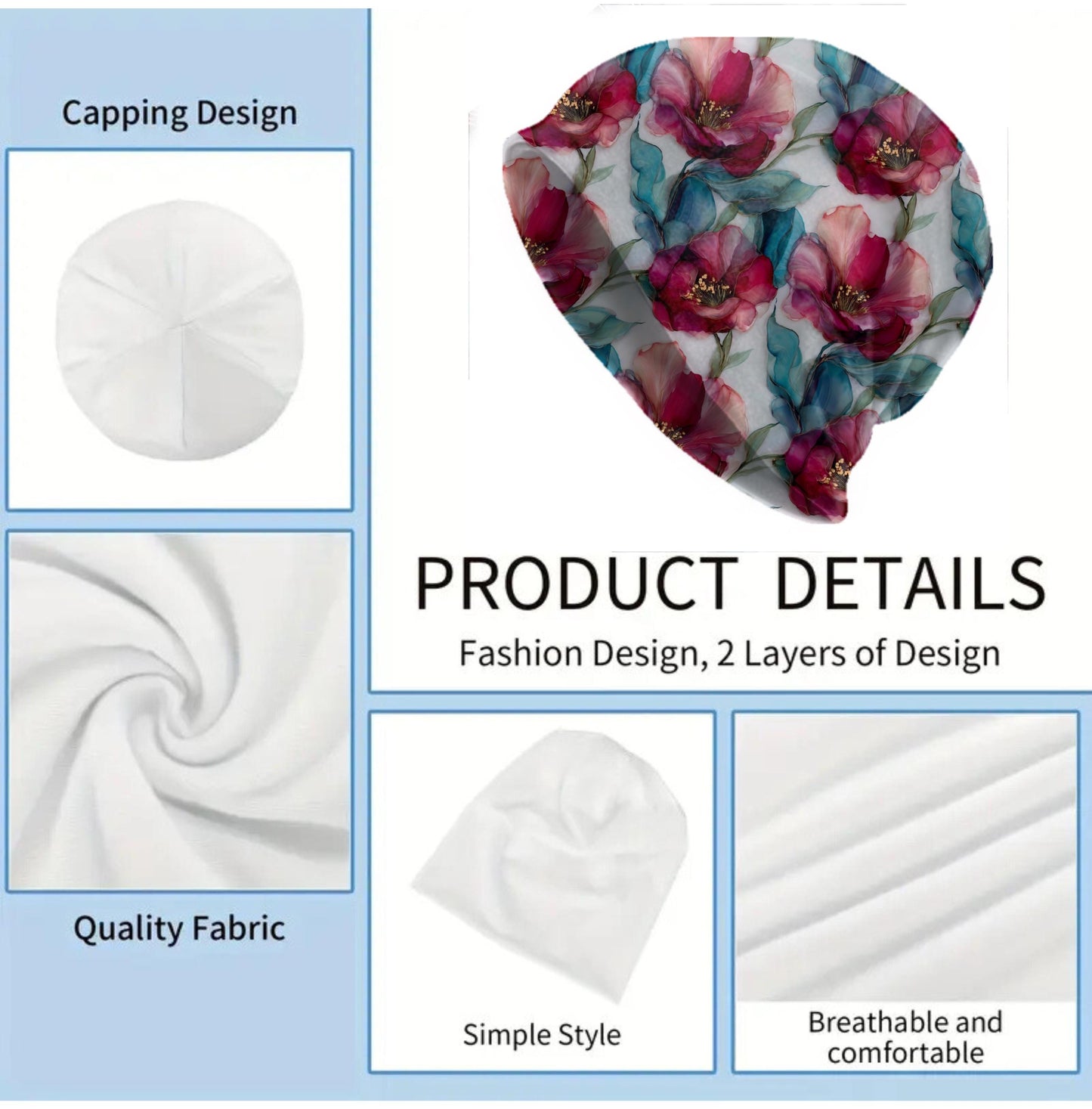 Ruby Camellia Slouchy Beanie – Thin Stretchy Lightweight Skull Cap for Men & Women in Ruby and Teal Petals