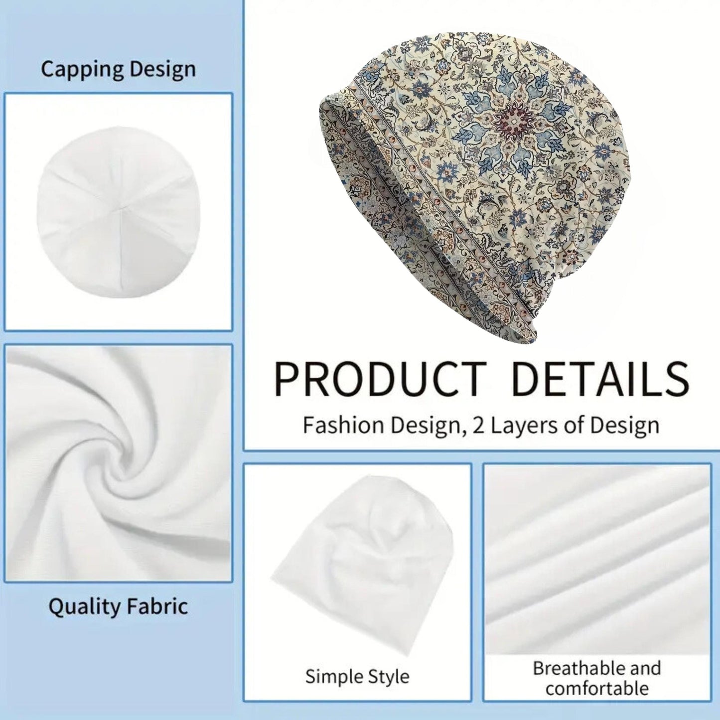 Blue Persian Rug Slouchy Beanie – Vintage Boho Knit Skull Cap, Soft Stretch Unisex Hat for Men & Women