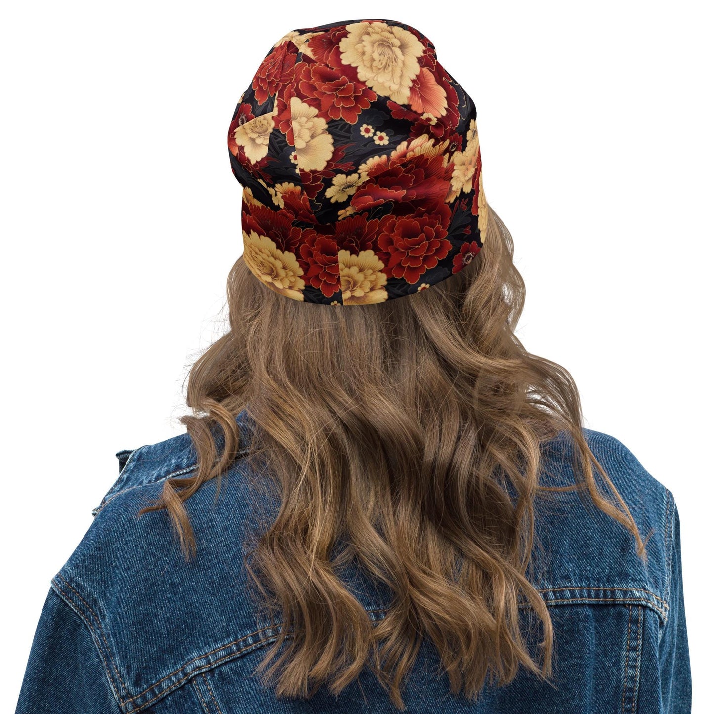 Red & Cream Peony Beanie – Thin Soft Slouchy Hat with Vintage Asian Floral Design – Made to Order Women’s Hat, Men’s Beanie