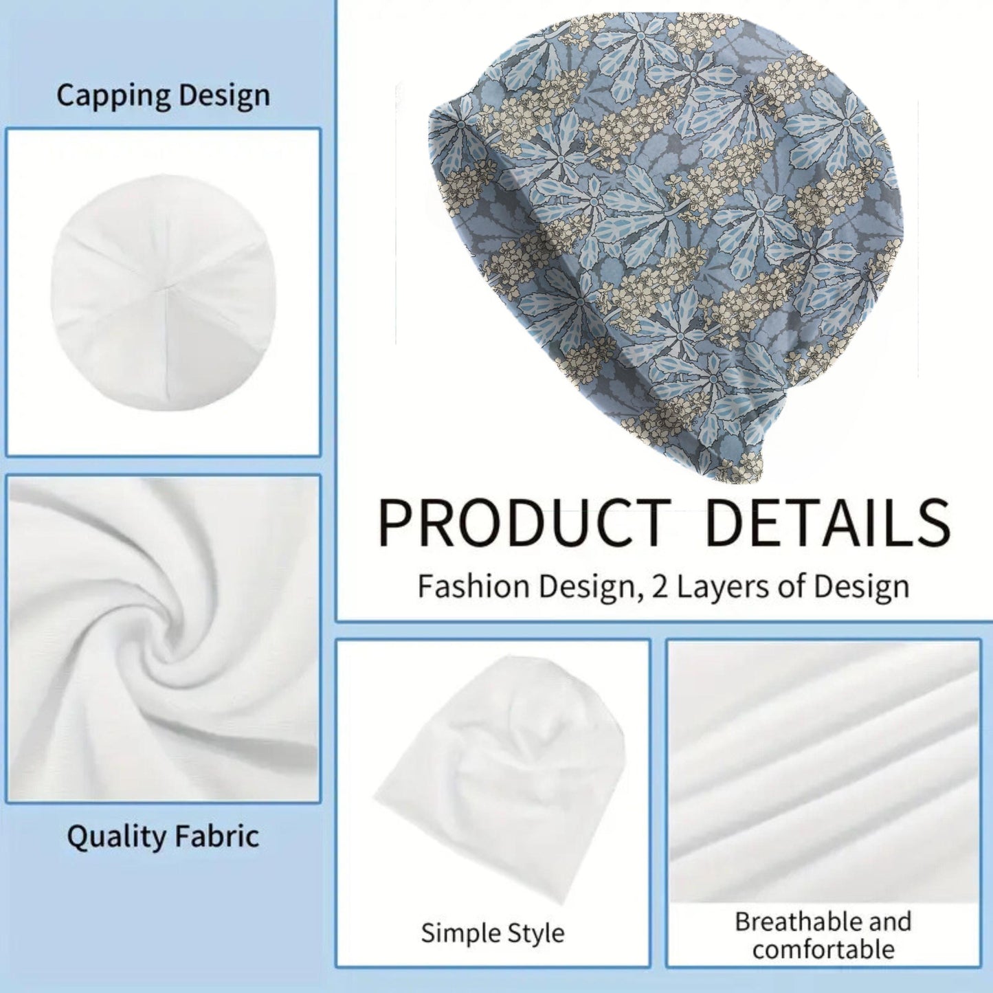 Art Nouveau Chestnut Tree Beanie – Maurice Pillard Verneuil Style Floral Slouch Hat, Blue Vintage Botanical Cap, Women’s Hat & Men’s Beanie