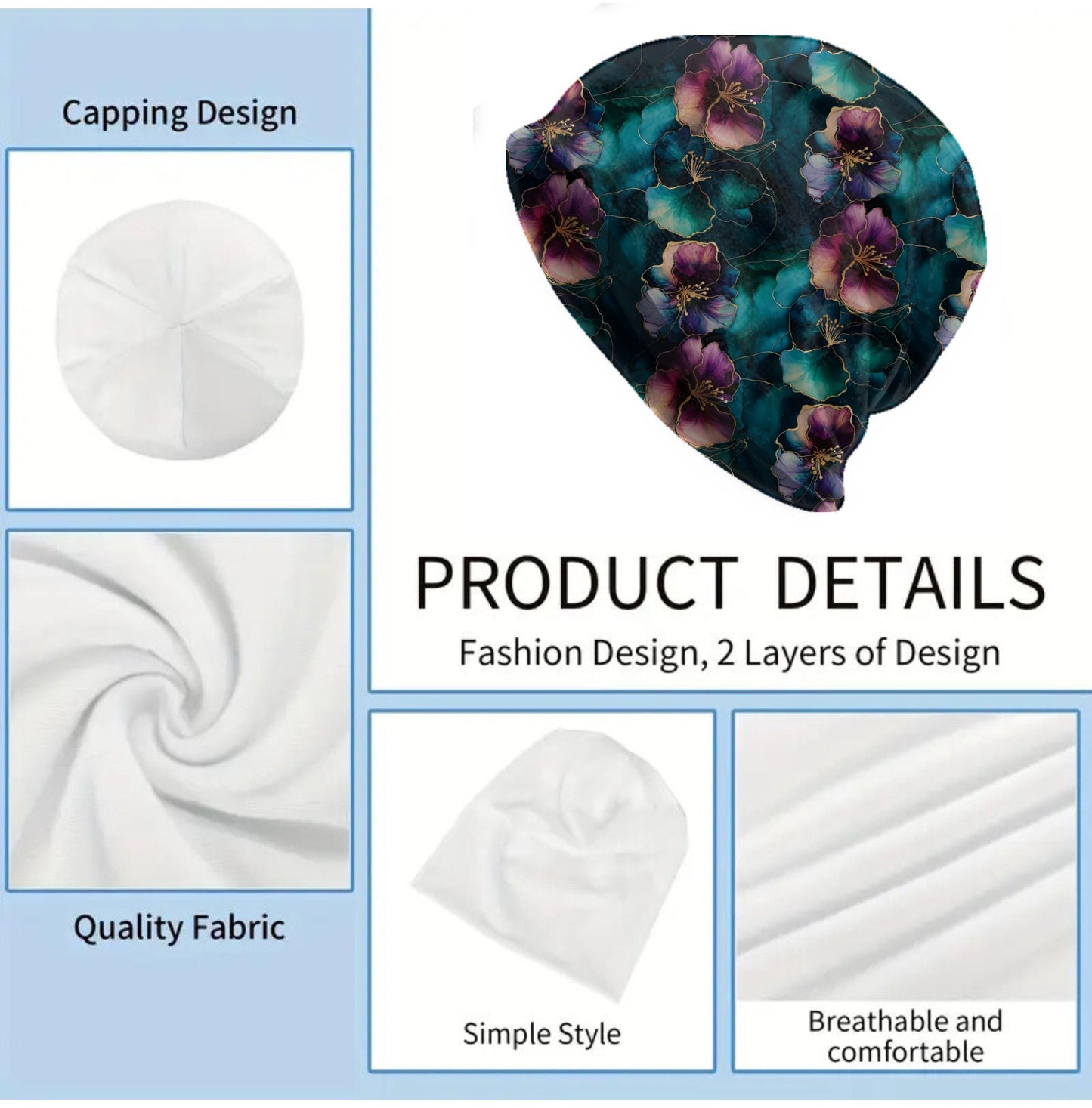 Sapphire Hibiscus Slouchy Beanie – Thin Stretchy Lightweight Skull Cap for Men and Women in Teal and Amethyst Petals