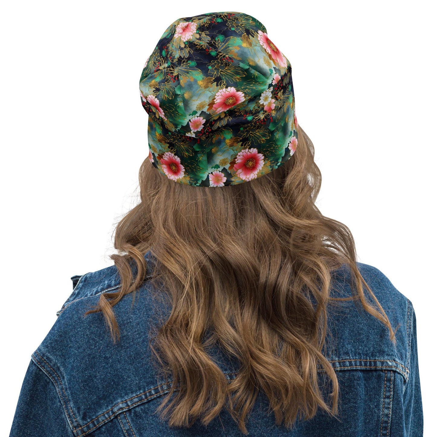 Chiyogami Japanese Floral Slouchy Beanie – Gold Sakura Style Print Hat, Watercolor Emerald Flower Cap, Soft Lightweight Skull Cap Unisex