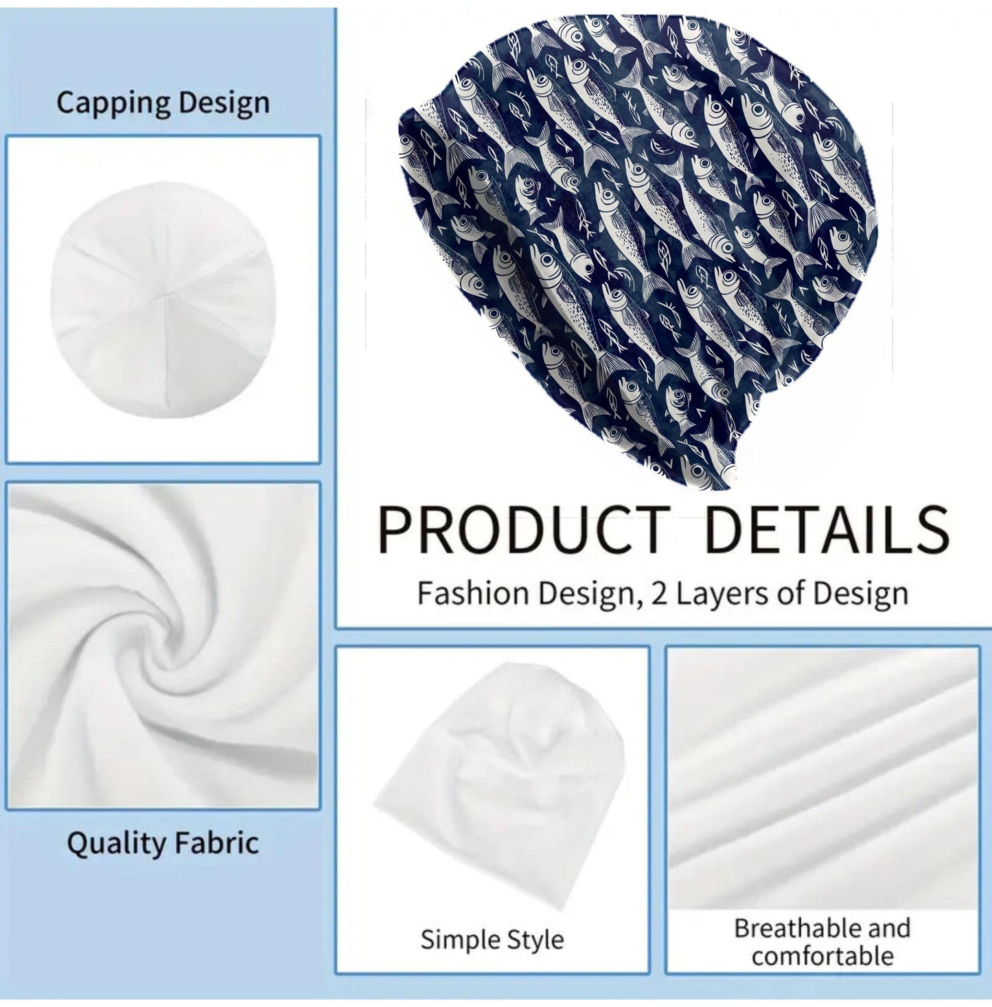 Navy Folk Fish Beanie – Hand-Drawn Ocean Slouch Hat, Nautical Coastal Skull Cap, Thin Soft Unisex Fish Print Beanie, Size Up for Slouch Fit